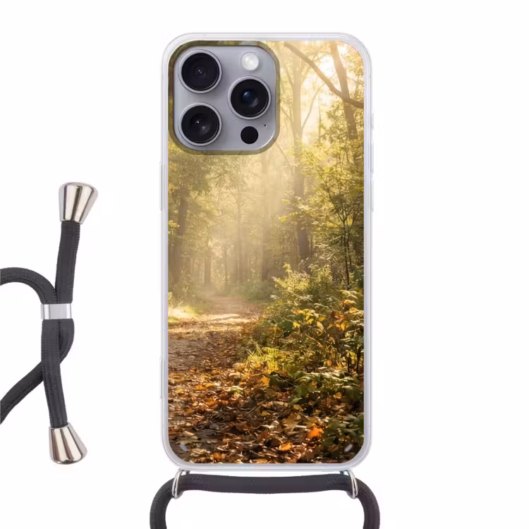 Zonlicht - Bospad - Bomen Hoesje iPhone 16 Pro Max met koord klein -3d