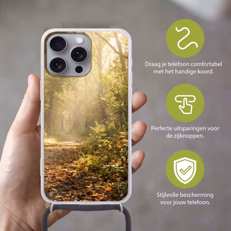 Zonlicht - Bospad - Bomen Hoesje iPhone 16 Pro Max met koord klein -sfeer2_NL