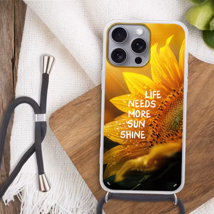 Zonnebloem - Close up - Geel - Quote Hoesje iPhone 16 Pro Max met koord klein -sfeer4