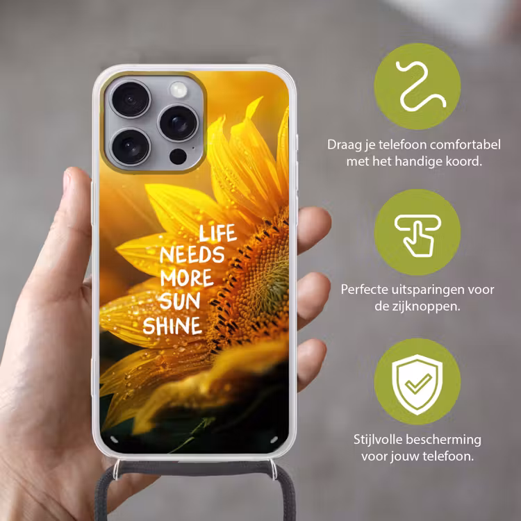 Zonnebloem - Close up - Geel - Quote Hoesje iPhone 16 Pro Max met koord klein -sfeer2_NL