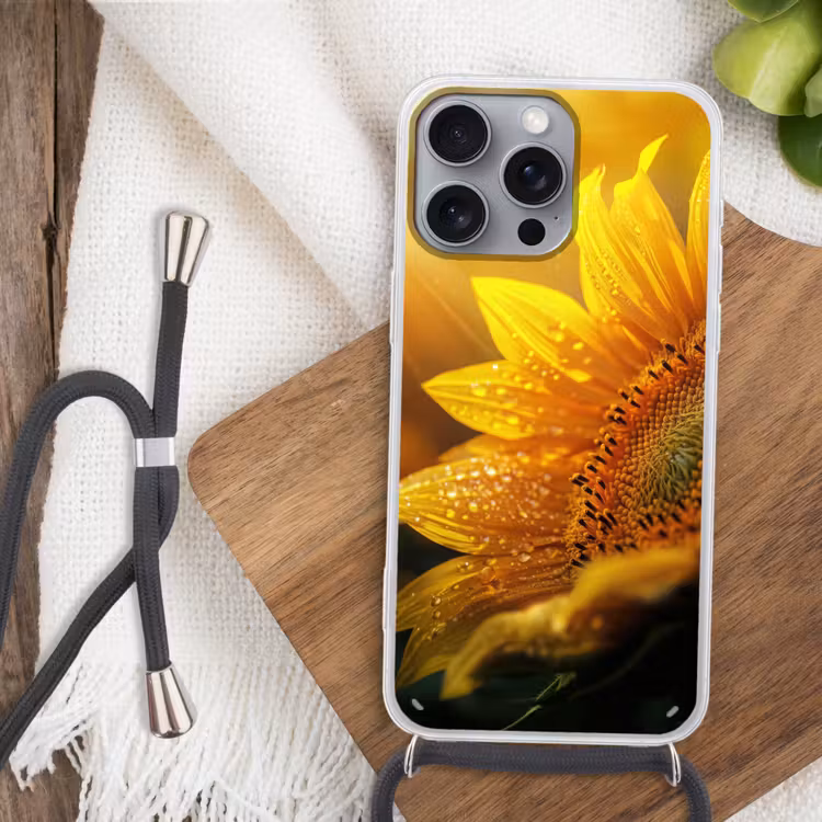 Zonnebloem - Dauwdruppels - Geel - Zonlicht Hoesje iPhone 16 Pro Max met koord klein -sfeer4