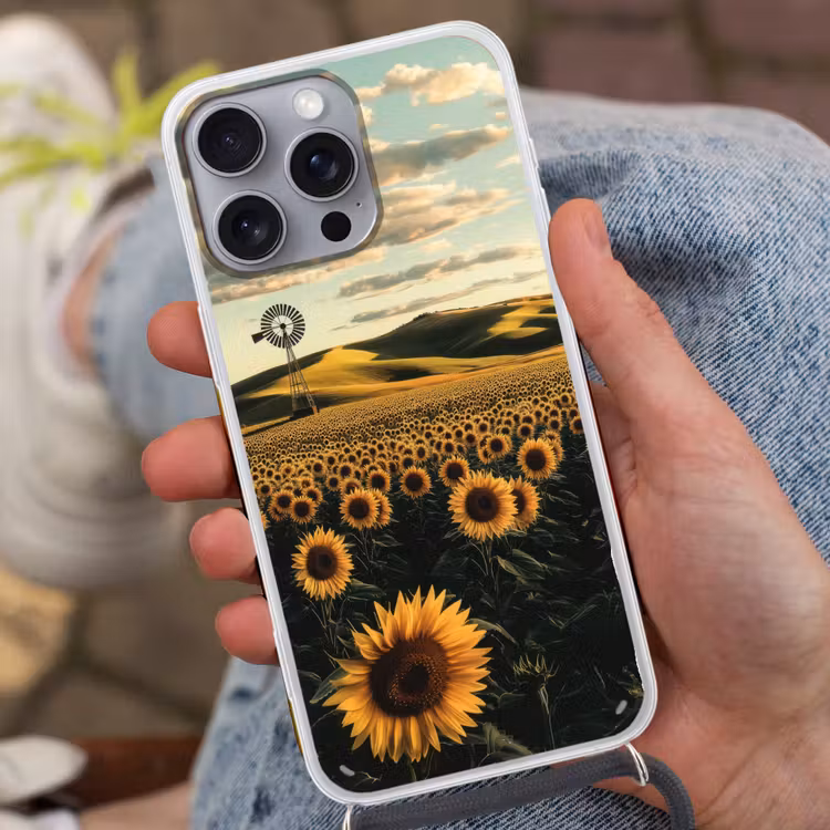 Zonnebloem - Veld - Windmolen Hoesje iPhone 16 Pro Max met koord klein -sfeer3