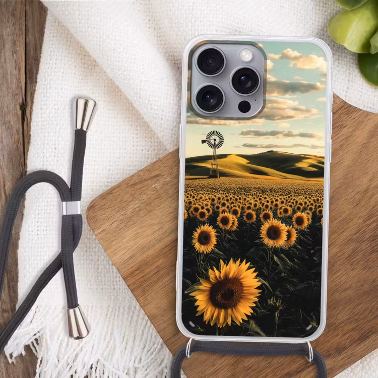 Zonnebloem - Veld - Windmolen Hoesje iPhone 16 Pro Max met koord klein -sfeer4