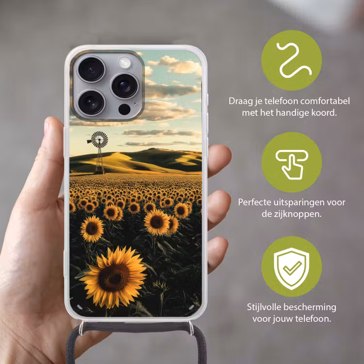 Zonnebloem - Veld - Windmolen Hoesje iPhone 16 Pro Max met koord klein -sfeer2_NL