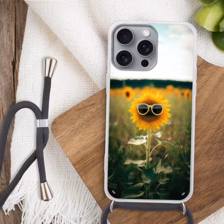 Zonnebloem - Veld - Zonnebril Hoesje iPhone 16 Pro Max met koord klein -sfeer4