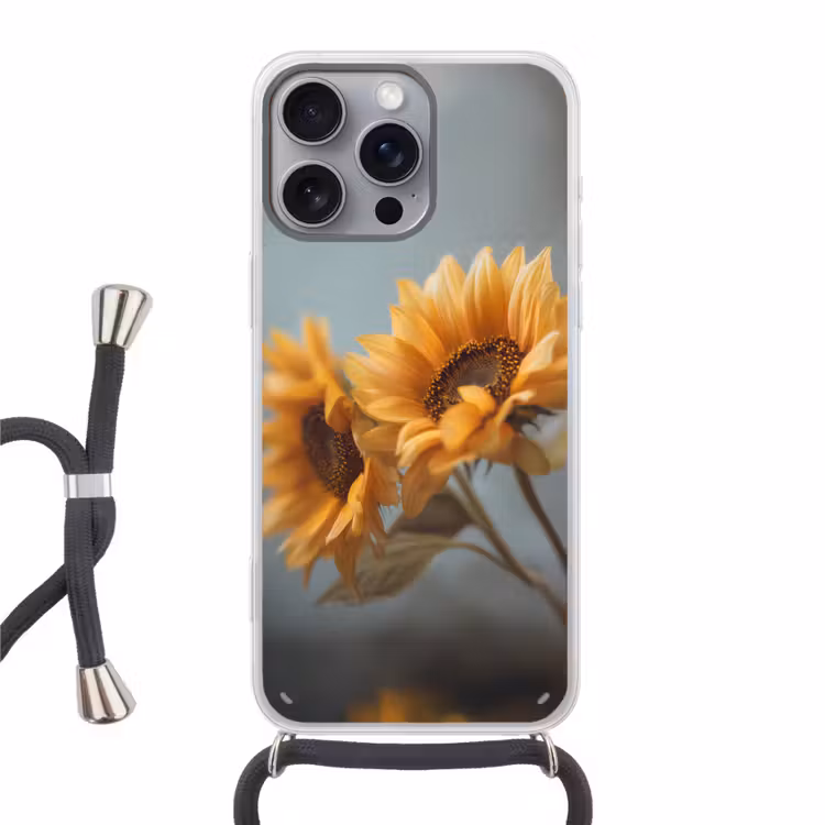 Zonnebloemen - Geel - Wazig Hoesje iPhone 16 Pro Max met koord klein -3d