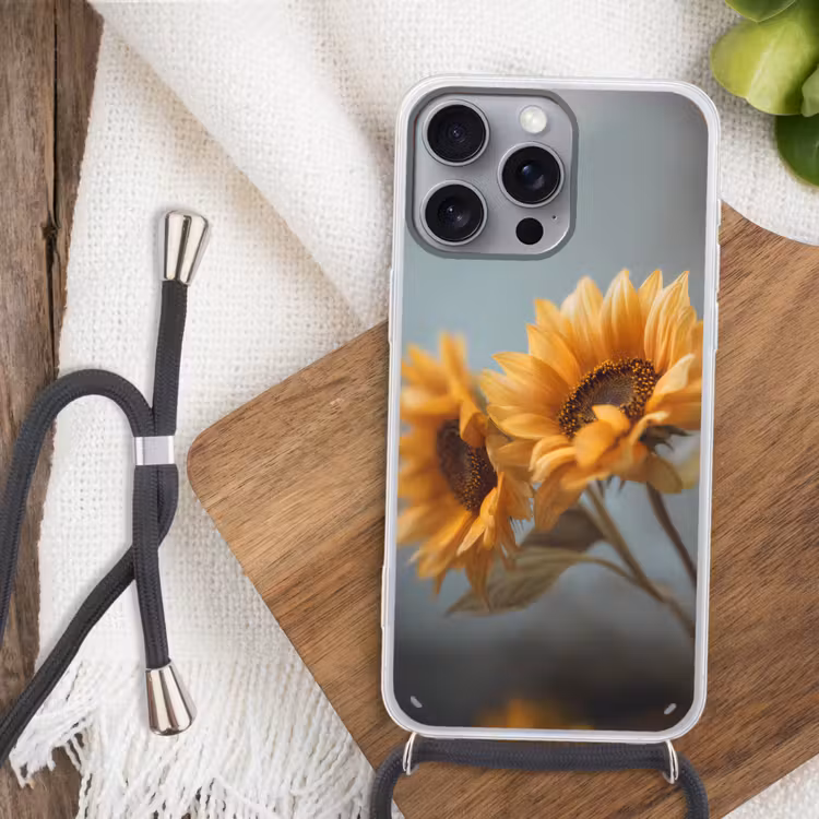 Zonnebloemen - Geel - Wazig Hoesje iPhone 16 Pro Max met koord klein -sfeer4