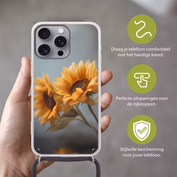 Zonnebloemen - Geel - Wazig Hoesje iPhone 16 Pro Max met koord klein -sfeer2_NL