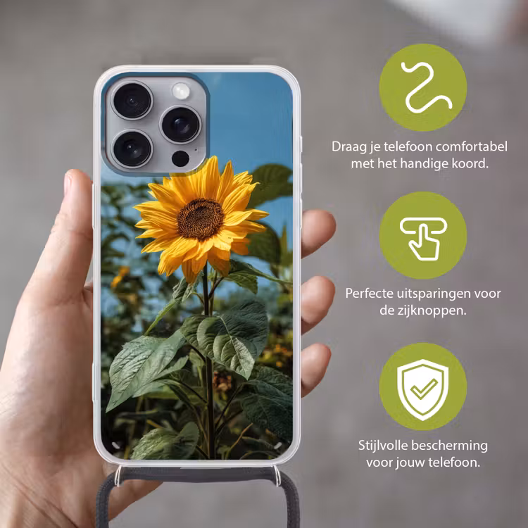 Zonnebloemen - Helderblauwer lucht - Gras Hoesje iPhone 16 Pro Max met koord klein -sfeer2_NL