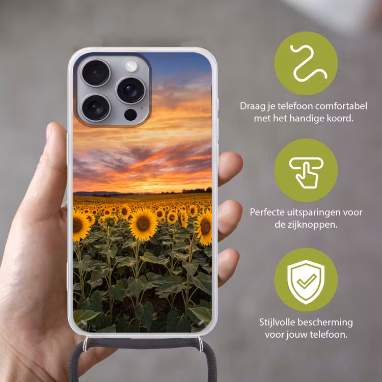 Zonnebloemen - Heuvellandschap - Geel Hoesje iPhone 16 Pro Max met koord klein -sfeer2_NL