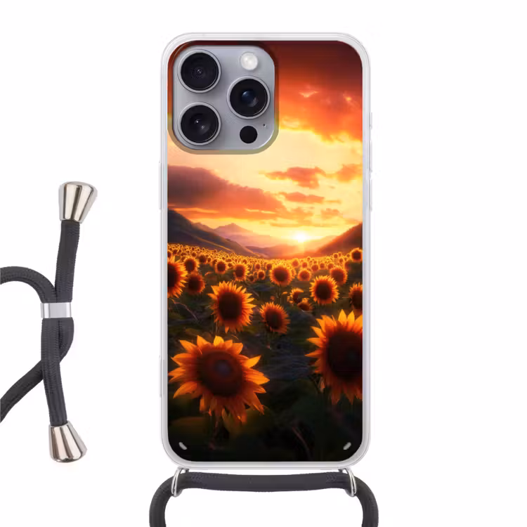 Zonnebloemen - Zonsondergang - Landschap Hoesje iPhone 16 Pro Max met koord klein -3d