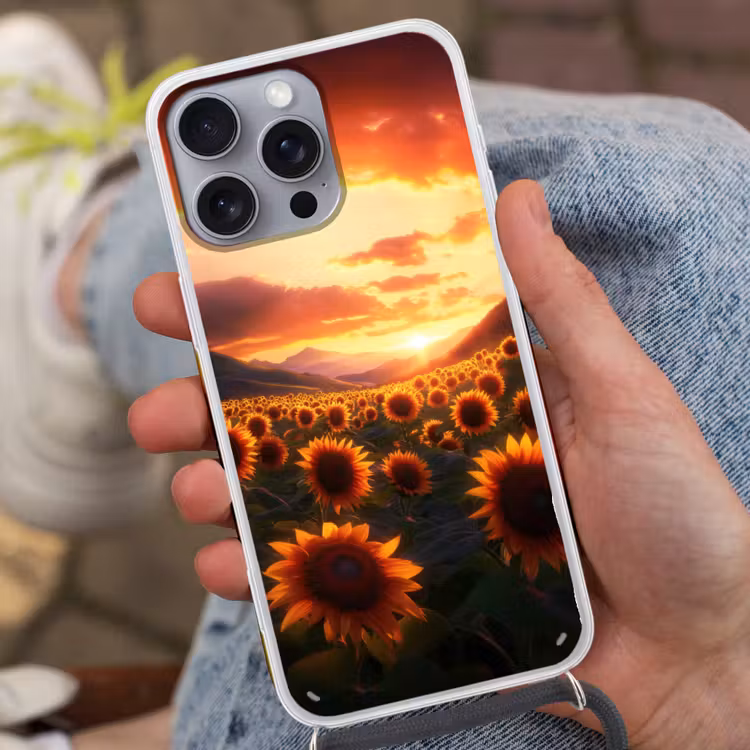 Zonnebloemen - Zonsondergang - Landschap Hoesje iPhone 16 Pro Max met koord klein -sfeer3