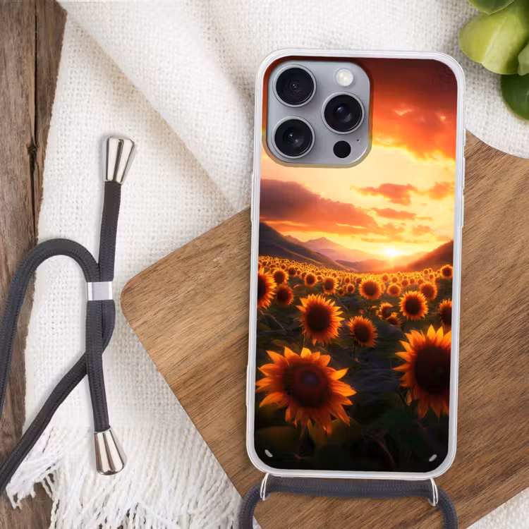 Zonnebloemen - Zonsondergang - Landschap Hoesje iPhone 16 Pro Max met koord klein -sfeer4