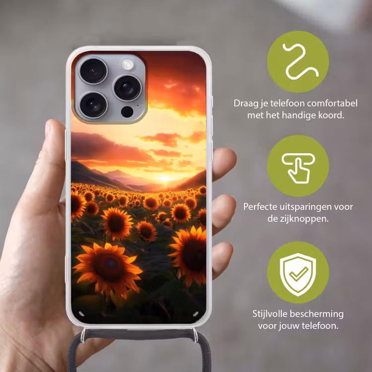 Zonnebloemen - Zonsondergang - Landschap Hoesje iPhone 16 Pro Max met koord klein -sfeer2_NL