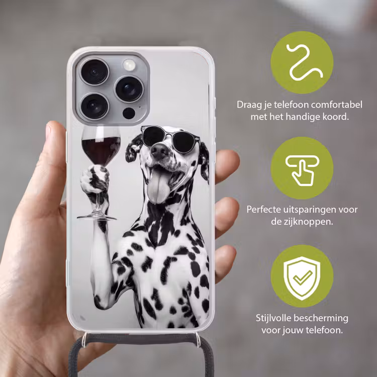 Zonnebril - Dalmatiër - Wijnglas - Tong Hoesje iPhone 16 Pro Max met koord klein -sfeer2_NL