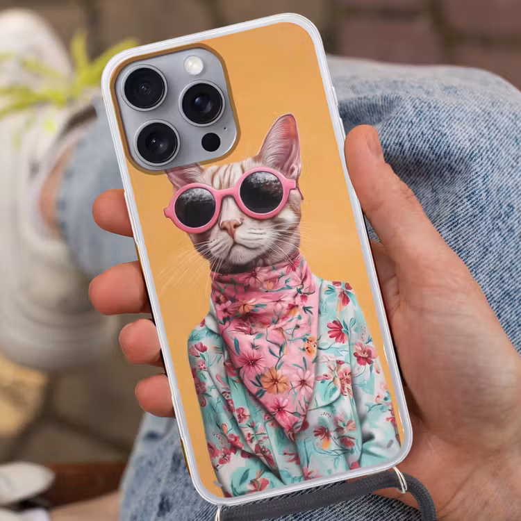 Zonnebril - Kat - Sjaal - Bloemen Hoesje iPhone 16 Pro Max met koord klein -sfeer3