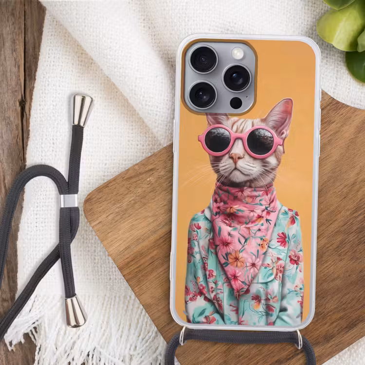 Zonnebril - Kat - Sjaal - Bloemen Hoesje iPhone 16 Pro Max met koord klein -sfeer4
