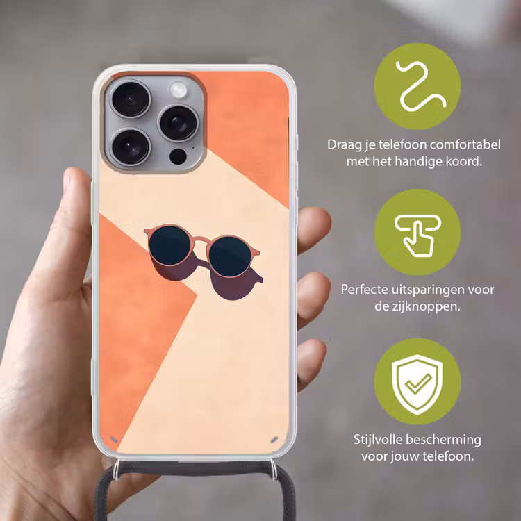 Zonnebril - Schaduw - Oranje - Minimalistisch Hoesje iPhone 16 Pro Max met koord klein -sfeer2_NL