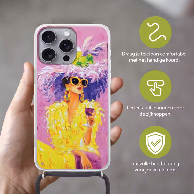 Zonnebril - Vrouw - Jas - Veren Hoesje iPhone 16 Pro Max met koord klein -sfeer2_NL
