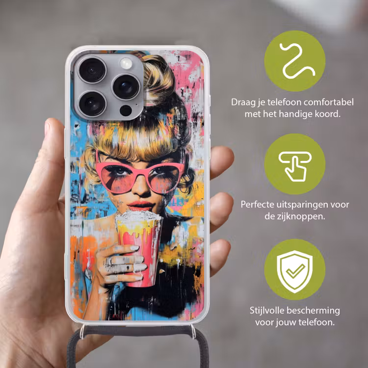 Zonnebril - Vrouw - Kleurrijk - Verfspetters Hoesje iPhone 16 Pro Max met koord klein -sfeer2_NL