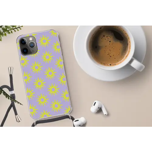 Zonnen patroon - Geel - Paars - Zomer Hoesje iPhone 12 Pro met koord klein -oordop