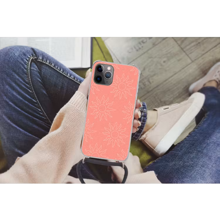 Zonnen - Print - Roze - Wit - Zomer Hoesje iPhone 12 Pro met koord klein -hand
