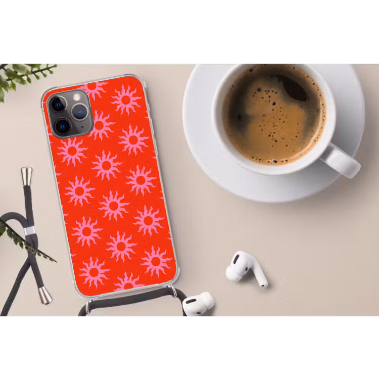 Zonnen - Rood - Roze - Patroon - Zomer Hoesje iPhone 12 Pro met koord klein -oordop
