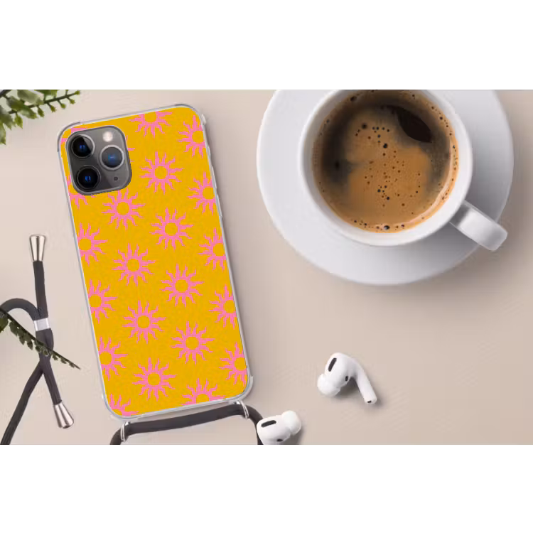 Zonnen - Roze - Geel - Zomer Hoesje iPhone 12 Pro met koord klein -oordop
