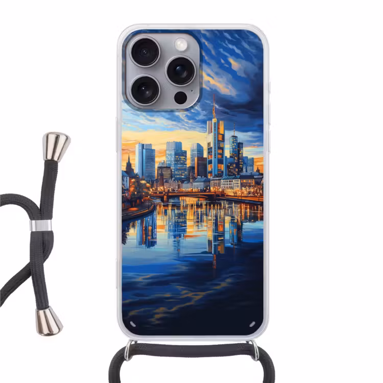 Zonsondergang Frankfurt - Stad - Skyline - Water Hoesje iPhone 16 Pro Max met koord klein -3d
