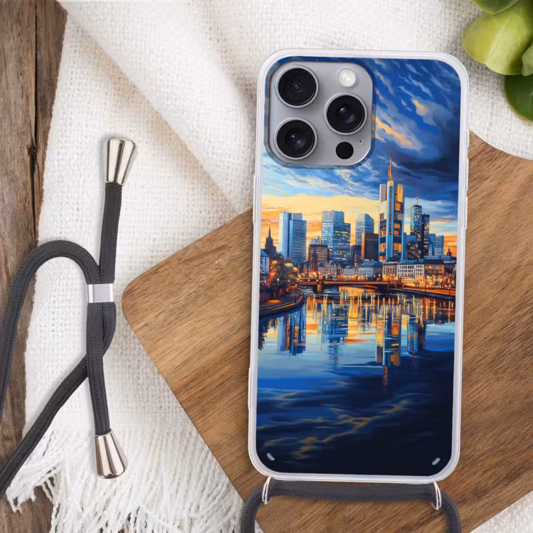 Zonsondergang Frankfurt - Stad - Skyline - Water Hoesje iPhone 16 Pro Max met koord klein -sfeer4