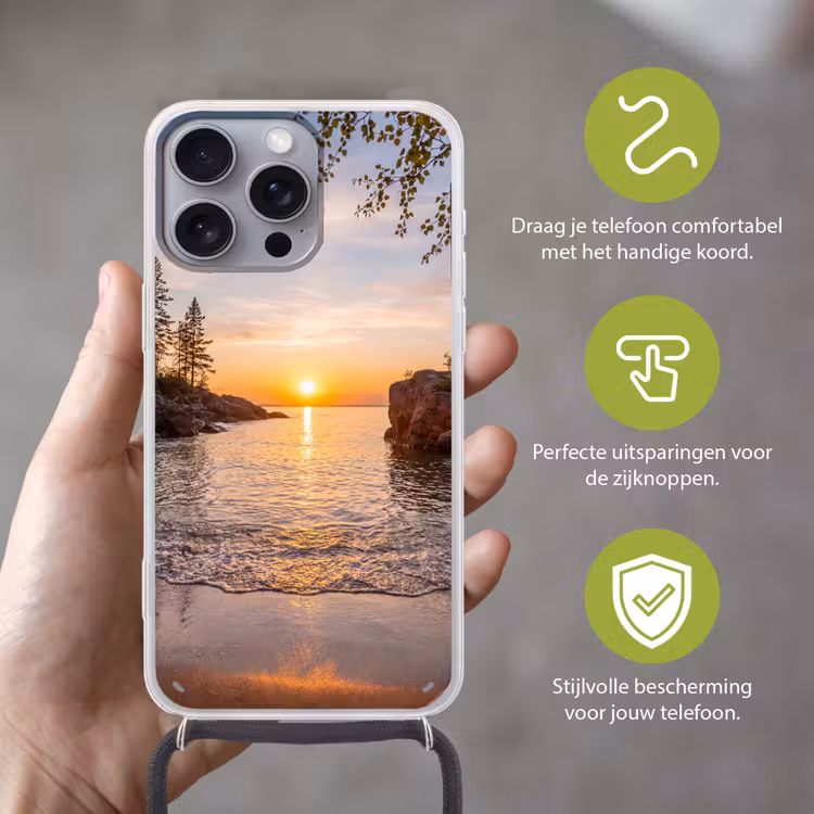 Zonsondergang - Kust - Water - Natuur - Oranje Hoesje iPhone 16 Pro Max met koord klein -sfeer2_NL