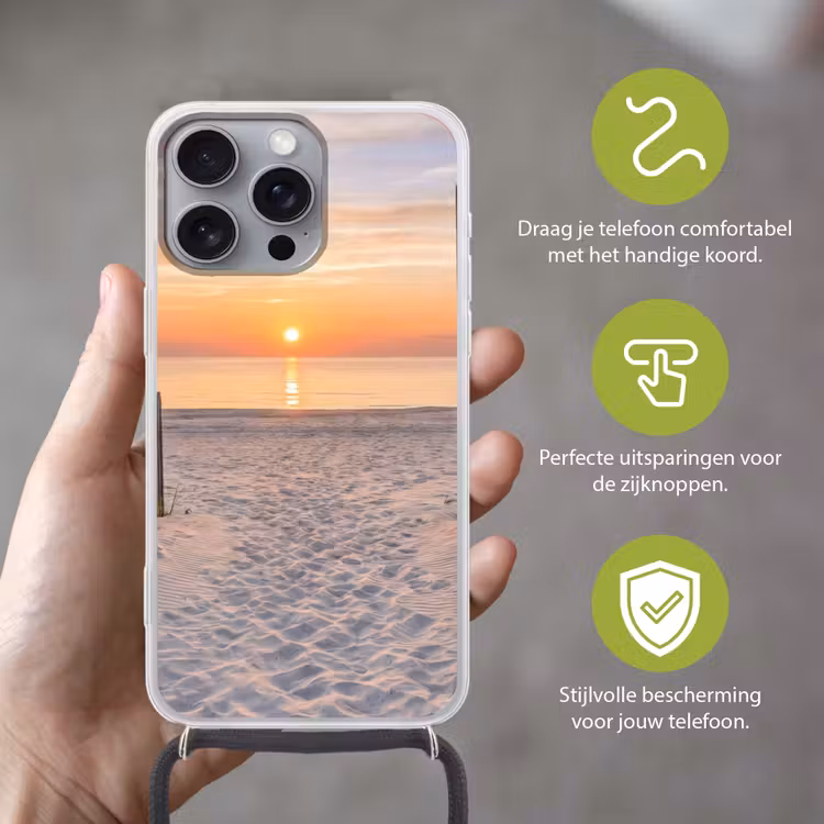 Zonsondergang - Strand - Zand Hoesje iPhone 16 Pro Max met koord klein -sfeer2_NL