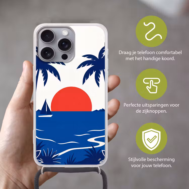 Zonsondergang - Zee - Palmboom - Tropisch - Modern Hoesje iPhone 16 Pro Max met koord klein -sfeer2_NL