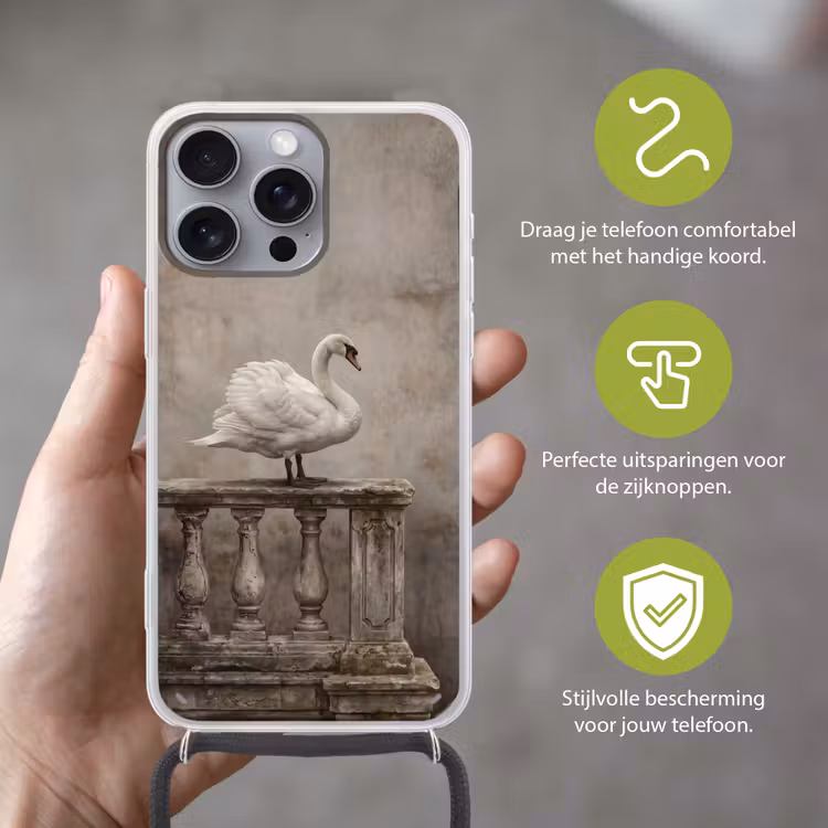 Zwaan - Elegant - Dieren - Wit Hoesje iPhone 16 Pro Max met koord klein -sfeer2_NL