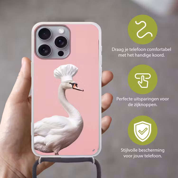Zwaan - Koksmuts - Mooi - Klassiek Hoesje iPhone 16 Pro Max met koord klein -sfeer2_NL