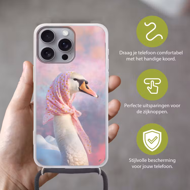 Zwaan - Sjaaltje - Pastelwolken Hoesje iPhone 16 Pro Max met koord klein -sfeer2_NL