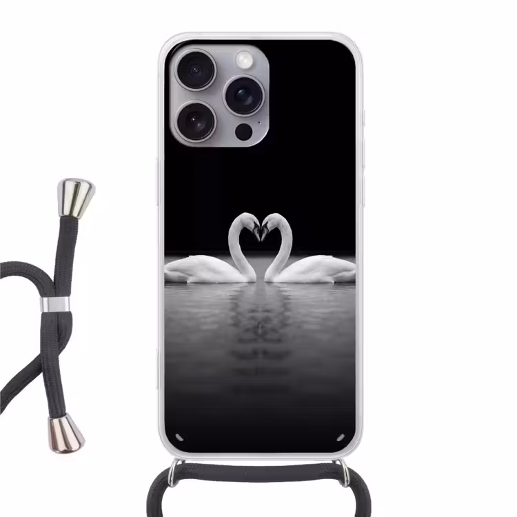 Zwanen - Hart - Zwart - Wit Hoesje iPhone 16 Pro Max met koord klein -3d