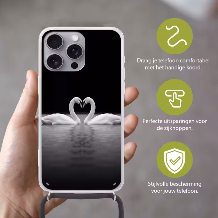 Zwanen - Hart - Zwart - Wit Hoesje iPhone 16 Pro Max met koord klein -sfeer2_NL