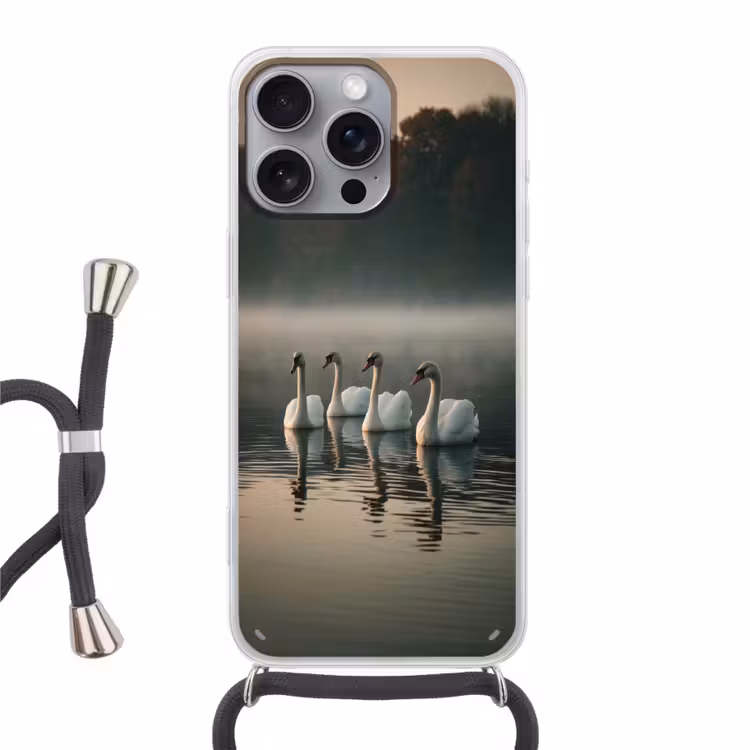 Zwanen - Wit - Water - Mist Hoesje iPhone 16 Pro Max met koord klein -3d