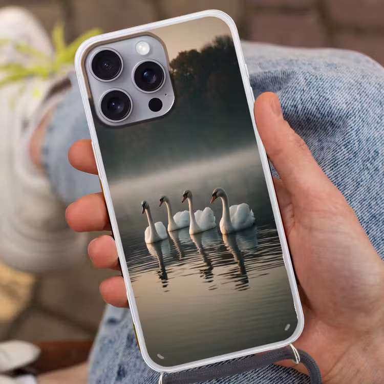 Zwanen - Wit - Water - Mist Hoesje iPhone 16 Pro Max met koord klein -sfeer3