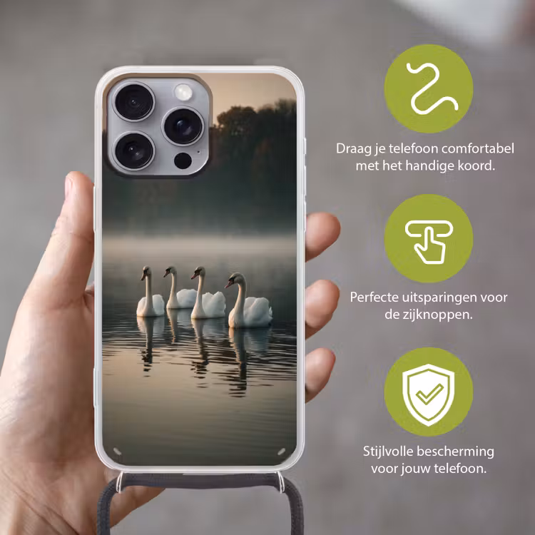 Zwanen - Wit - Water - Mist Hoesje iPhone 16 Pro Max met koord klein -sfeer2_NL