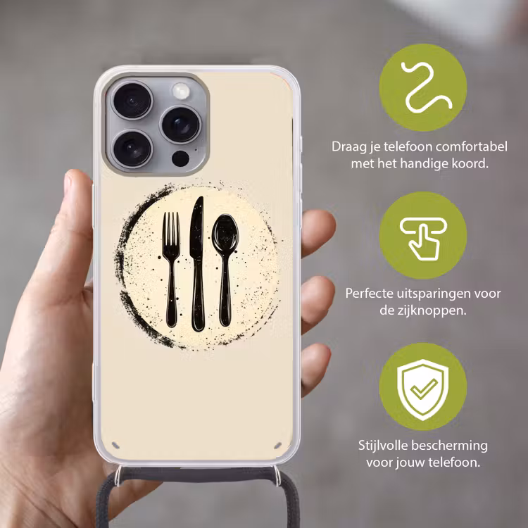 Zwart - Bestek - Rondje Hoesje iPhone 16 Pro Max met koord klein -sfeer2_NL
