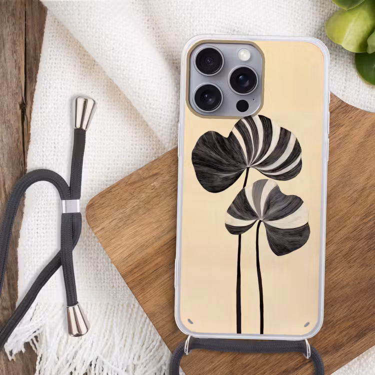 Zwart - Bladeren - Strepen - Minimalistisch Hoesje iPhone 16 Pro Max met koord klein -sfeer4