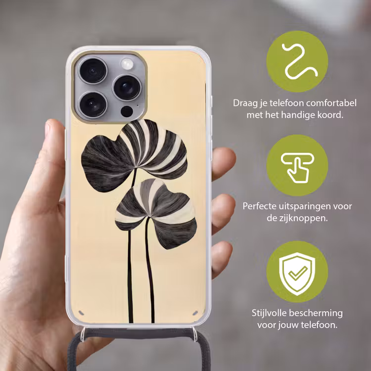 Zwart - Bladeren - Strepen - Minimalistisch Hoesje iPhone 16 Pro Max met koord klein -sfeer2_NL