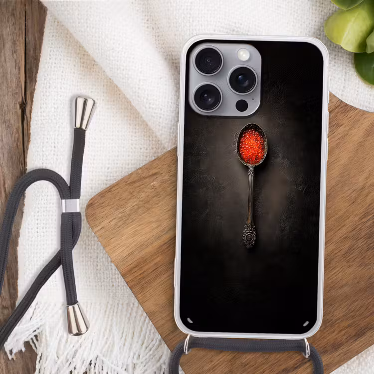 Zwart - Lepel - Caviar Hoesje iPhone 16 Pro Max met koord klein -sfeer4