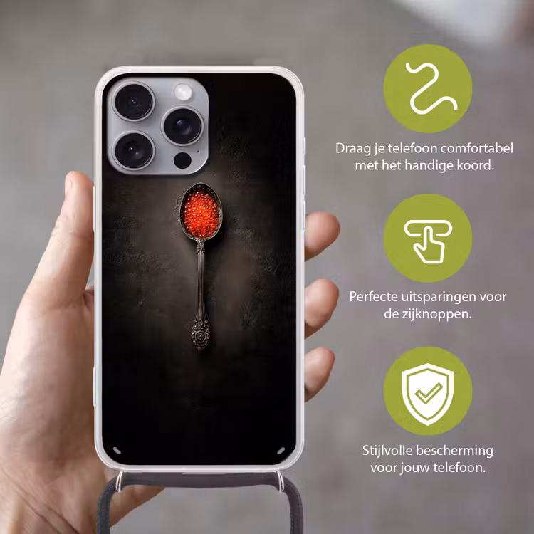 Zwart - Lepel - Caviar Hoesje iPhone 16 Pro Max met koord klein -sfeer2_NL