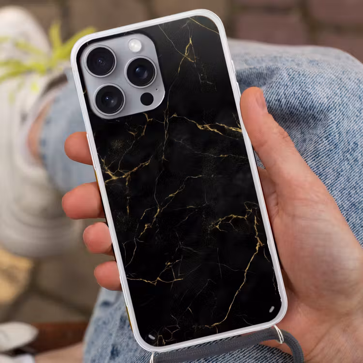 Zwart marmer - Gouden aders - Klassiek Hoesje iPhone 16 Pro Max met koord klein -sfeer3
