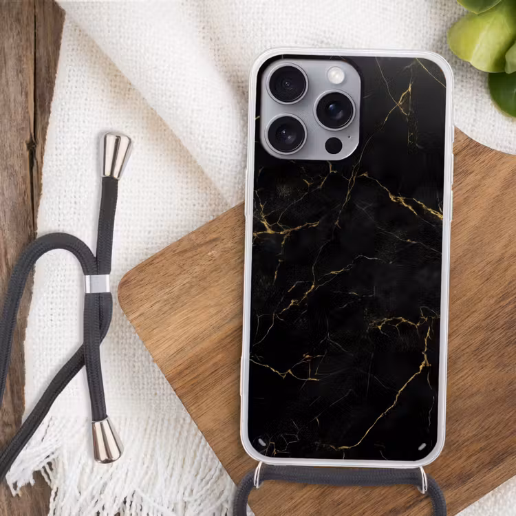 Zwart marmer - Gouden aders - Klassiek Hoesje iPhone 16 Pro Max met koord klein -sfeer4