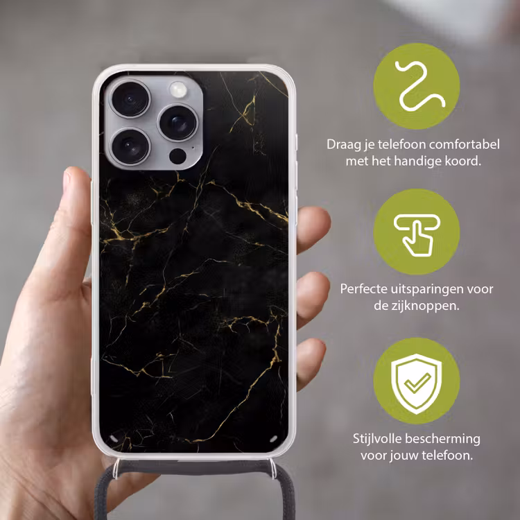 Zwart marmer - Gouden aders - Klassiek Hoesje iPhone 16 Pro Max met koord klein -sfeer2_NL