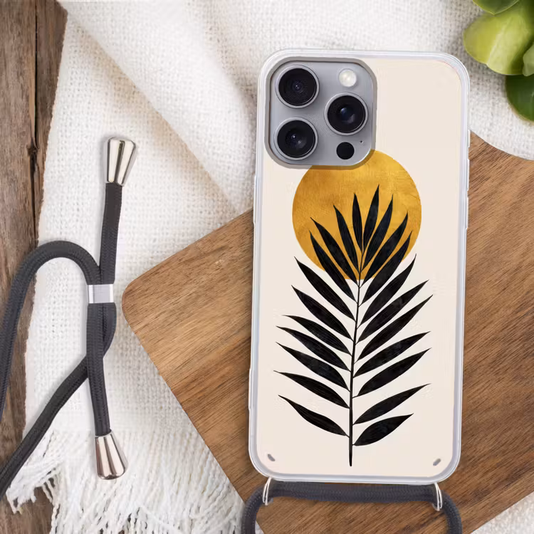 Zwart palmblad - Gouden cirkel - Beige achtergrond Hoesje iPhone 16 Pro Max met koord klein -sfeer4